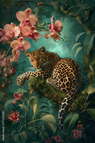  A leopard reclines on a tree branch, enveloped by pink orchids and lush tropical plants