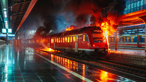 Dramatic scene of a passenger train on fire at a train station, smoke billowing, no people visible, reflecting safety and emergency concepts.