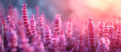  A tight shot of a cluster of pink blooms against a backdrop of softly blurred lights, with a distinctly blurred bokeh of light in the rearground