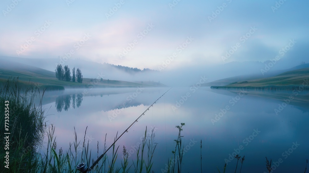 At sunrise, a fishing rod and rotating reel stand against the serene backdrop of a pier on the riverbank. Dive into the tranquility of a misty morning, a rural retreat for fishing enthusiasts