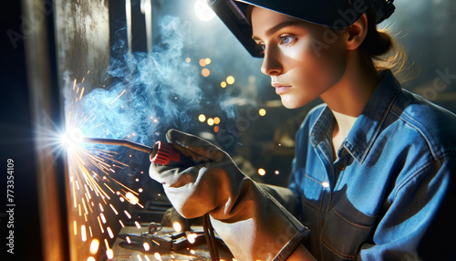 Intimate closeup of an female welder at work, focusing intently on her task with a background of sparks