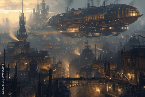 A fleet of steampunk airships hovers above a Victorian-inspired cityscape, enveloped in a golden mist at dawn. Resplendent.