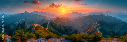 Great Wall of China at sunset, panoramic view , Sunset in the mountains