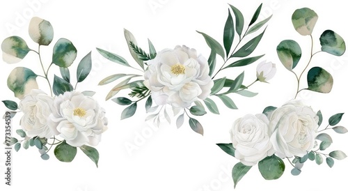 Watercolor Floral Illustration Set,  Bouquets and Wreaths Featuring White Flowers and Greenery © MKhalid