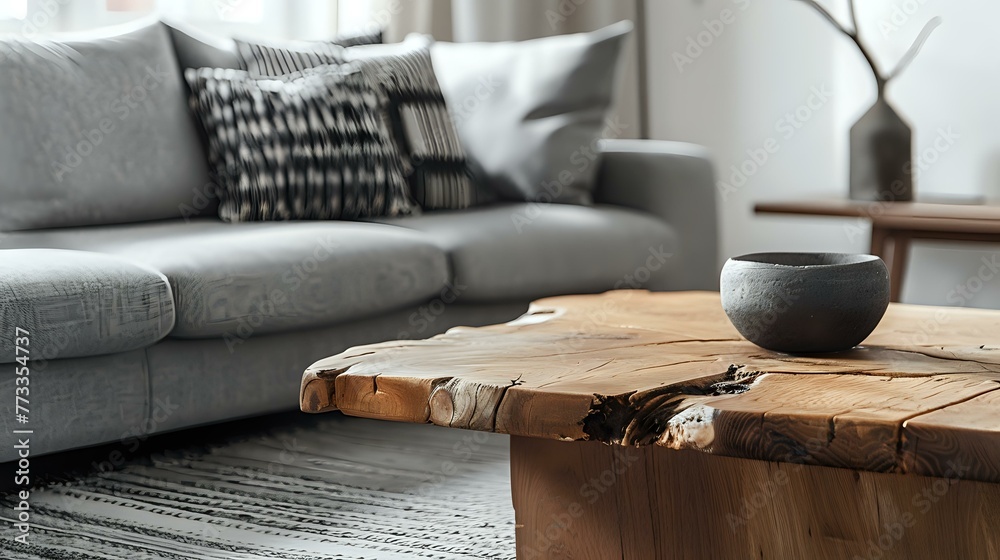 Close-up of a rustic coffee table with natural wood living edges next to a grey sofa. Modern living room interior design with a minimalist aesthetic