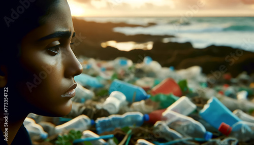 Intimate closeup of a womans expression, sorrowful amidst a landscape of plastic debris, highlighting the emotional toll of environmental neglect photo