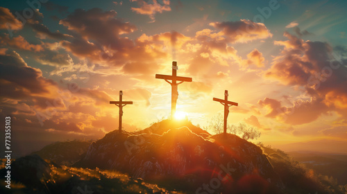 Three crosses stand on Mount Golgotha under a dramatic sunset, centralizing Jesus with thieves on each side, evoking Easter's solemnity and spiritual reflection.