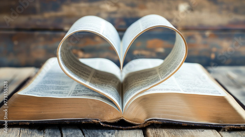 Biblia aberta com as folhas formando um coração photo