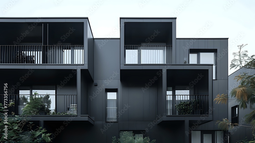 Contemporary black modular private townhouses. External architecture of residential buildings