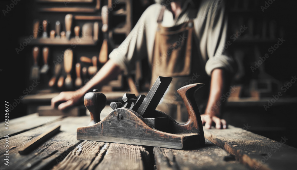 Close-up of a well-used wood planer on a rustic workbench, blurred figure of a craftsman - obrazy, fototapety, plakaty 