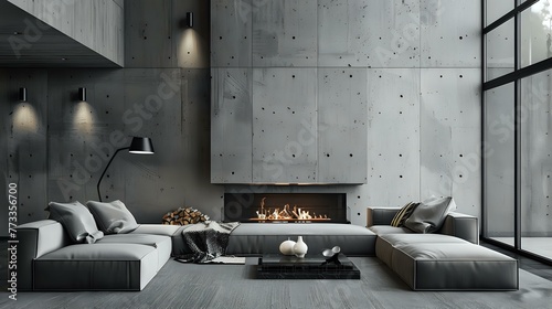 Concrete walls and a fireplace characterise this modern living room's minimalist interior design. photo