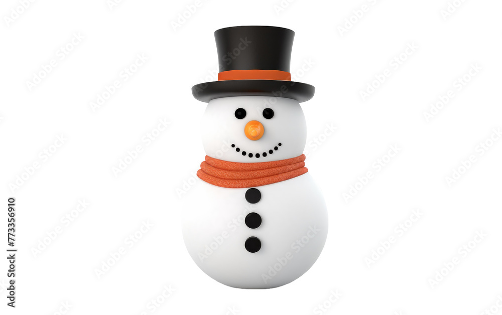 A festive white snowman wearing a stylish black hat and vibrant orange scarf A festive white snowman wearing a stylish black hat and vibrant orange scarf