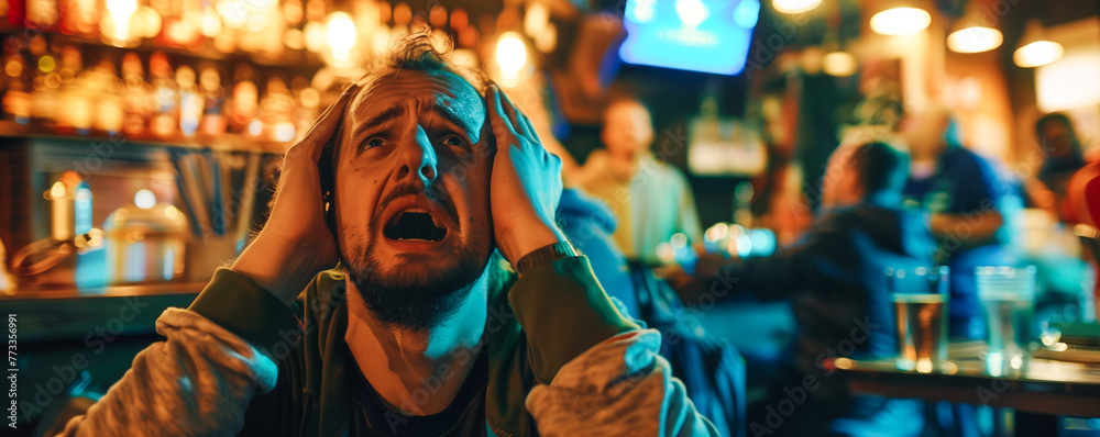 close-up photo of the emotions of football fans in a sports bar, saddened by a goal scored
