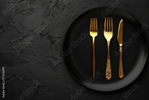 Elegant gold cutlery on black background with empty plate.
