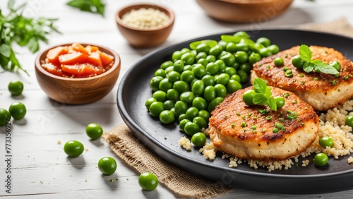 Chicken cutlets with quinoa and green peas.