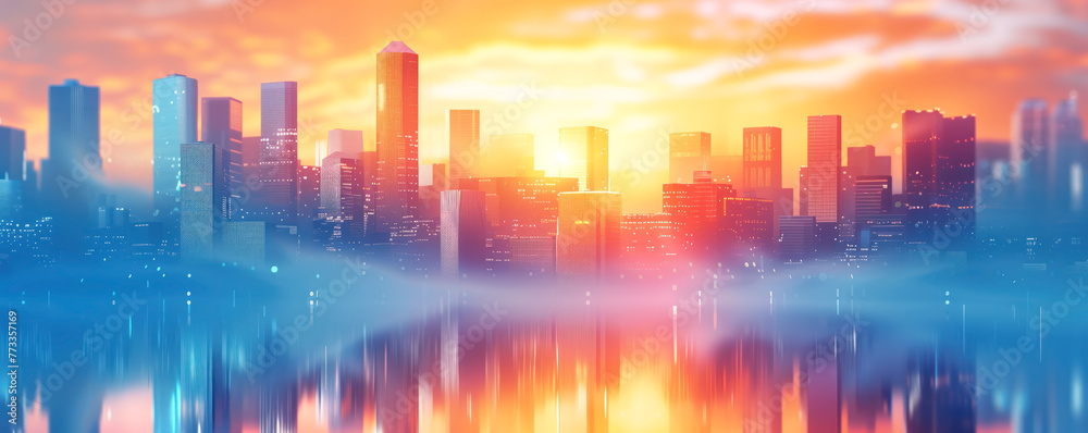 Panoramic abstract illustration view to a city on sunset. Concept of background and banner.