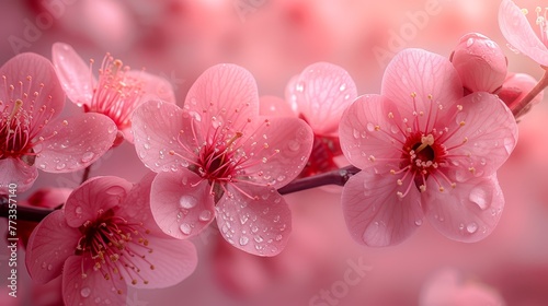  A pink background bears a tight shot of pink flowers, each petal touched by water droplets, the background softly blurred