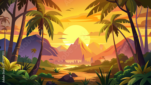 a Tropical jungle sunset or sunrise forest landscape silhouette. Exotic forest palm trees and mountains vector nature background with bright yellow sun and sky
