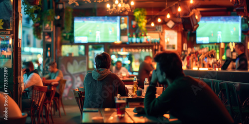 football fans in the evening in a sports bar watching a broadcast of a football match photo