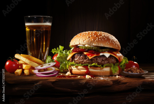 Beefburger, hamburger with french fries and drink on dark black background studio, on wooden plate, tabletop.