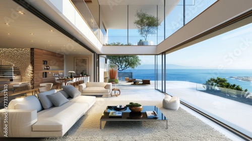 Sunny modern, luxury home showcase interior living room open to ocean view. 3D rendering. Generative AI