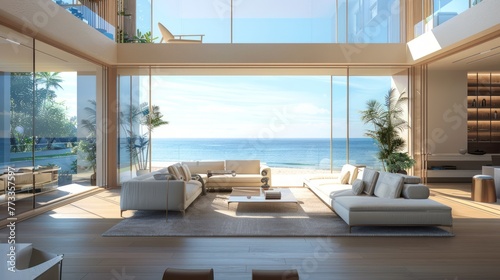 Sunny modern, luxury home showcase interior living room open to ocean view. 3D rendering. Generative AI