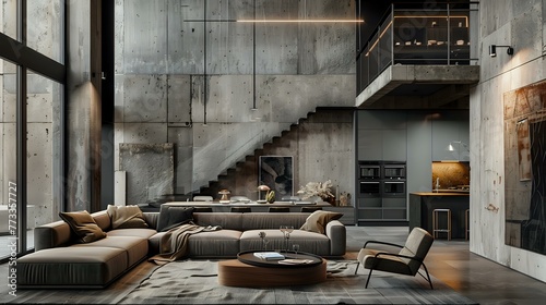 Contemporary living room interior design featuring a loft. Villa with a wall made of concrete.