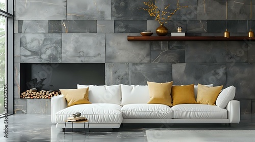 Contemporary living room interior design featuring a loft. In front of a grey and stone cladding wall with a wooden shelf and fireplace is a white sofa with yellow pillows.