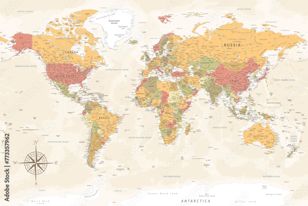 World Map - Highly Detailed Vector Map of the World. Ideally for the Print Posters. Warm Vintage Colors. Retro Style - obrazy, fototapety, plakaty 