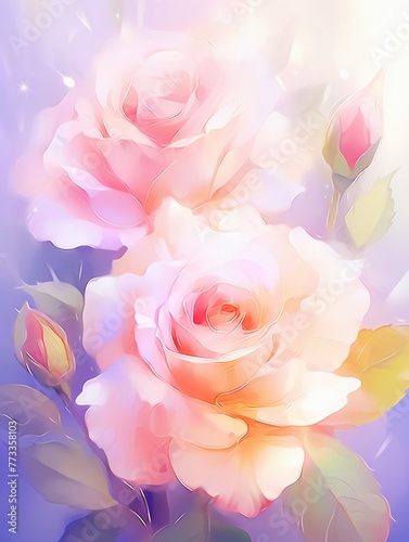 Blooming roses  delicate petals  close-up  twilight  soft lighting  romantic atmospherewatercolor tone  pastel  3D Animator
