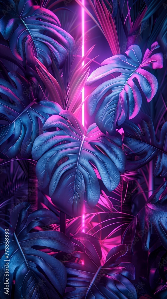 Dark tropical palm leaves and flowers with neon lighting and highlights. Dark tropical palm leaves and flowers with neon lighting and highlights.