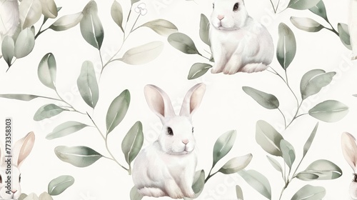 Watercolor Seamless Pattern of Cute White Rabbits and Leaves on a White Background