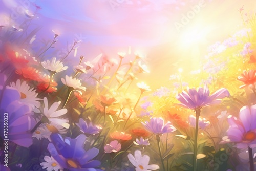 Field of wildflowers  rainbow hues  golden hour  low angle  sun flare  pastoral settingwatercolor tone  pastel  3D Animator