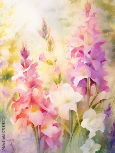 Cottage garden, mixed flowers, soft sunlight, medium shot, tranquil mood, pastel palettewatercolor tone, pastel, 3D Animator