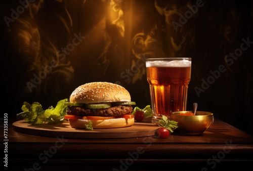 Beefburger, hamburger with french fries and drink on dark black background studio, on wooden plate, tabletop.