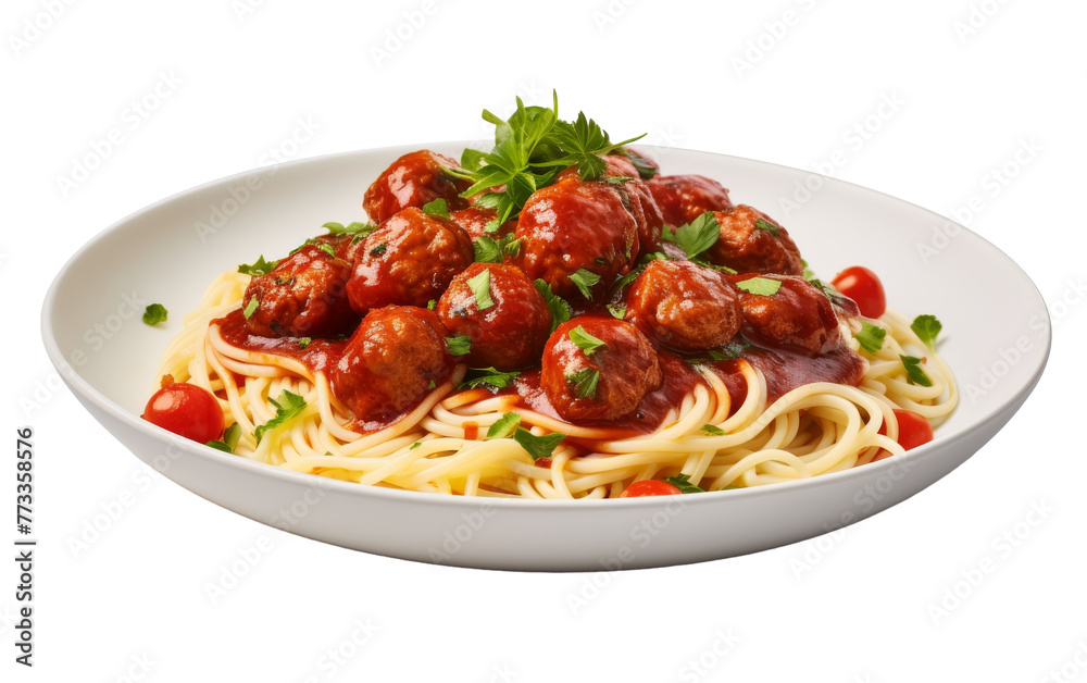 A white bowl holds a generous serving of spaghetti coated in savory sauce with perfectly cooked meatballs nestled on top A white bowl holds a generous serving of spaghetti coated in savory sauce with perfectly cooked meatballs nestled on top