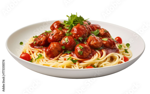 A white bowl holds a generous serving of spaghetti coated in savory sauce with perfectly cooked meatballs nestled on top