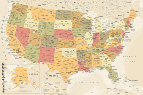 United States - Highly Detailed Vector Map of the USA. Ideally for the Print Posters. Warm Vintage Colors. Retro Style