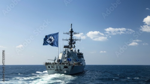 A NATO warship sails on a mission, the NATO flag flying high, symbolizing strength and unity in international defense. Invest in security.