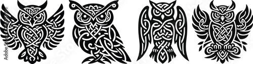 Black and white line art of Celtic Owl Set. good use for symbol, mascot, icon, avatar, tattoo.