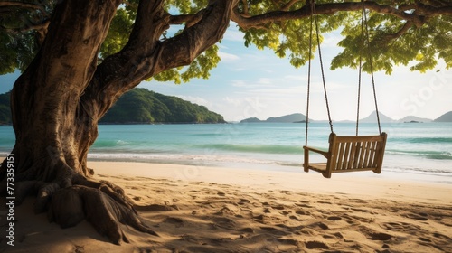 Swing with a tree on a beautiful beach near the ocean