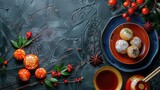 horizontal banner, celebration of the Founding Day of the State of Japan, traditional Japanese sweets, national Japanese cuisine, dark background, top view, copy space, free space for text