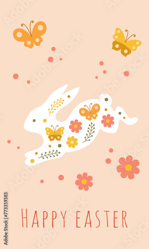 Template for a social media story on the theme of Easter sales with the Easter bunny, butterflies and flowers. Vector illustration on beige background