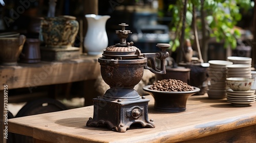  Antique Coffee Grinder on Rustic Wooden Table 