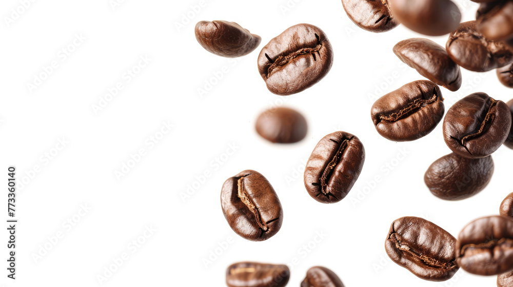 Flying roasted coffee beans isolated on white background with free place for text. Banner for restaurants, cafe, menu design