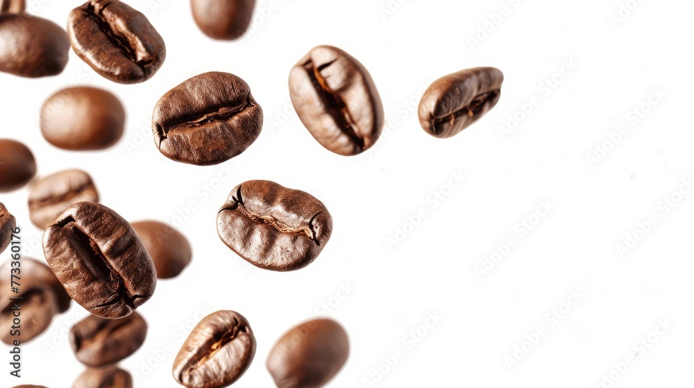 Flying roasted coffee beans isolated on white background with free place for text. Banner for restaurants, cafe, menu design Flying roasted coffee beans isolated on white background with free place for text. Banner for restaurants, cafe, menu design