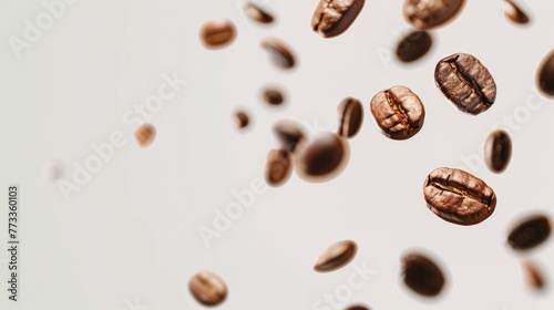 Flying roasted coffee beans isolated on white background with free place for text. Banner for restaurants  cafe  menu design