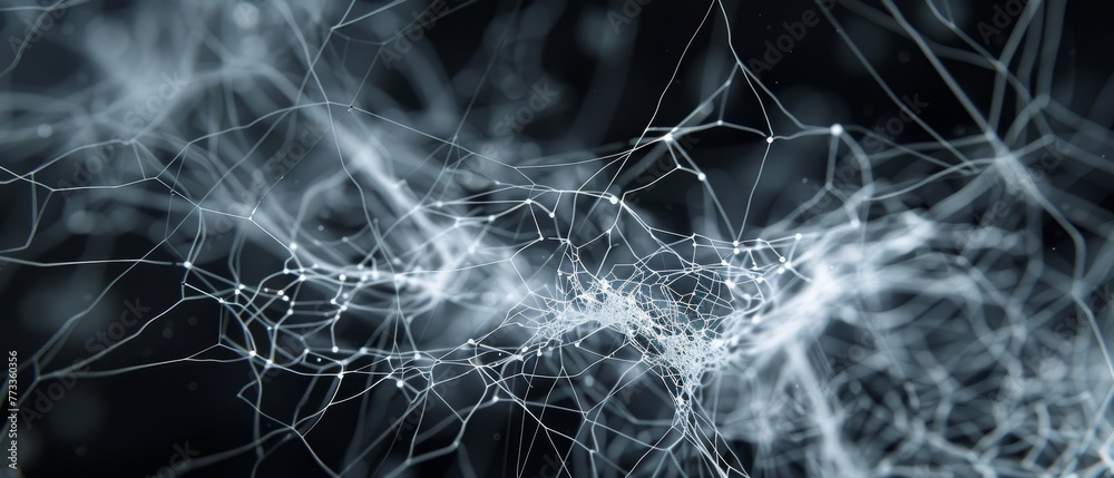 A complex web of interconnected nodes and lines on a dark background, illustrating a neural network or abstract technological concept.