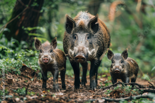 Picture a tranquil forest scene where a wild boar family, accompanied by their precious baby, explores their lush surroundings. © Evgeniia