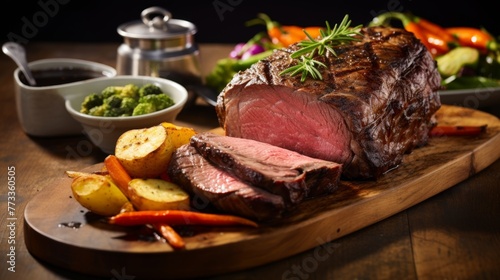 Beef rib roast with yorkshire puddings and vegetables photo